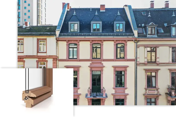 Klassische Altbaufassade mit hohen Holzfenstern und Fensterprofil im Detail