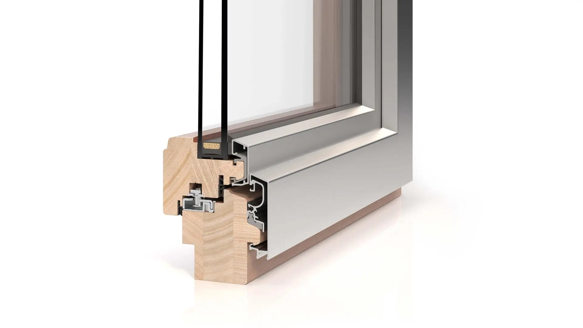 Querschnitt eines Holz-Aluminium-Fensterprofils mit Holzrahmen und äußerer Aluminiumschale