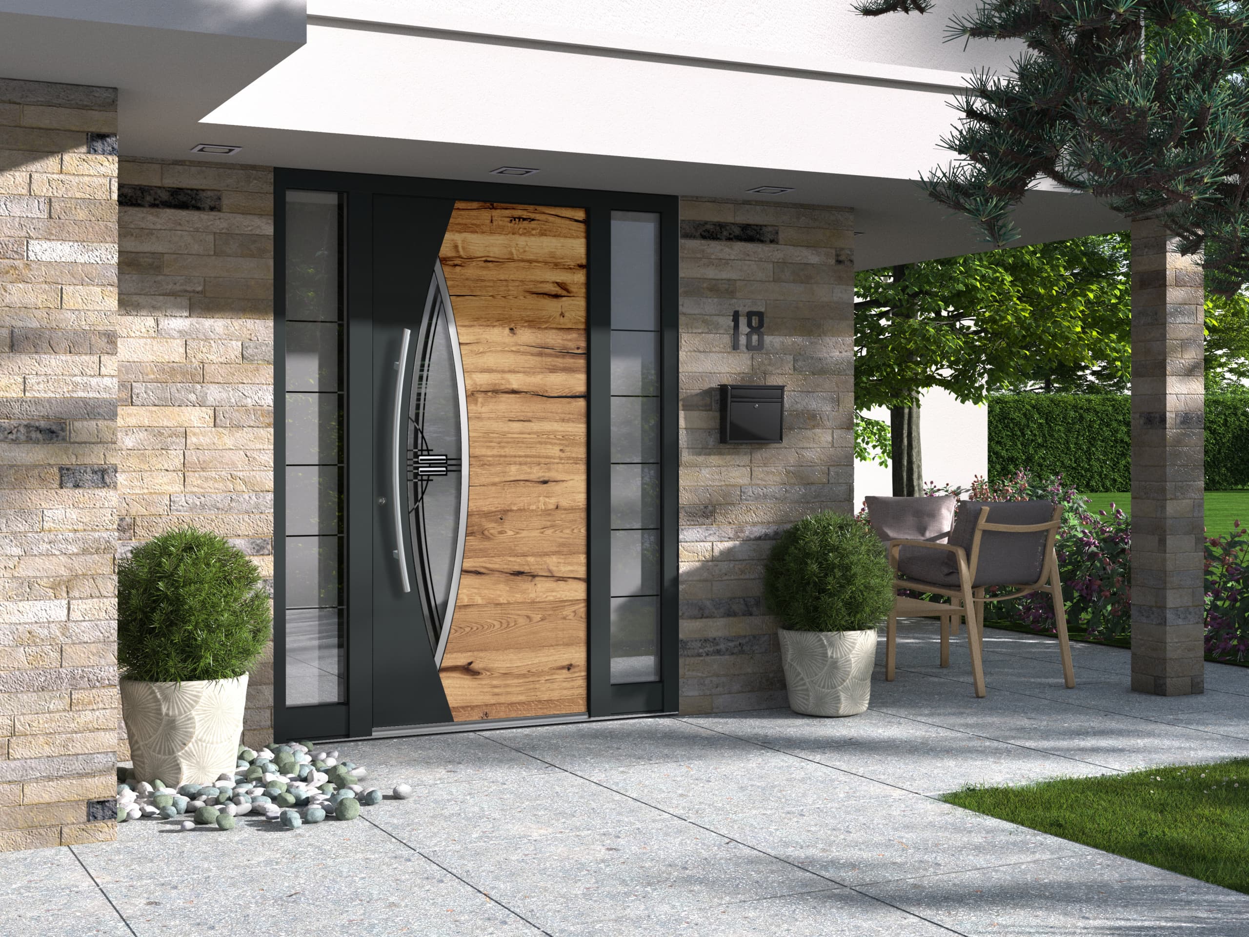 Inotherm Aluminium-Haustür in Holzoptik an einem modernen Hauseingang aus Naturstein