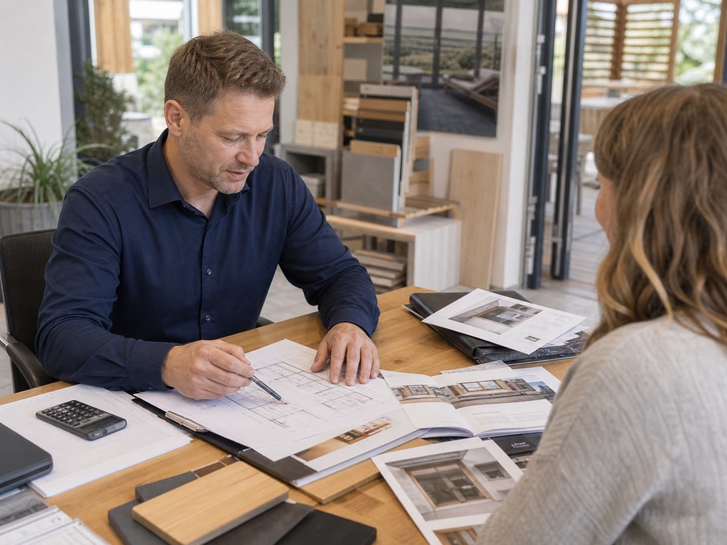 Kaufmännischer Mitarbeiter bei der Projektabwicklung mit Plänen und Unterlagen