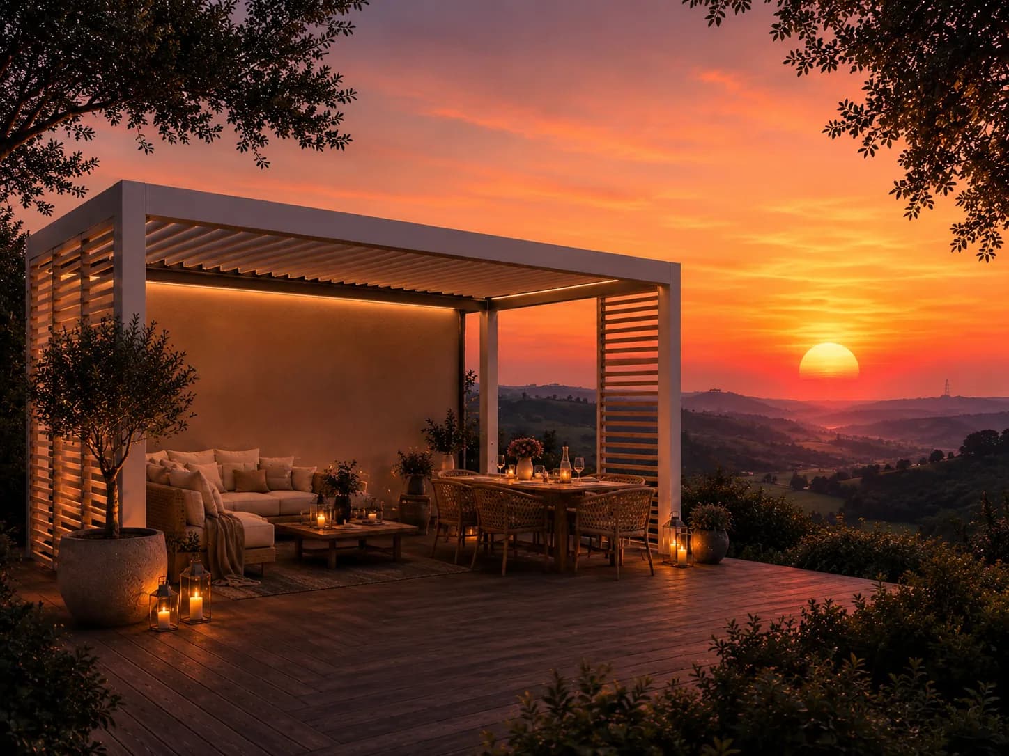 Weißes Aluminium-Lamellendach mit LED-Beleuchtung über einer Lounge mit Essplatz und Sonnenuntergang über hügeliger Landschaft
