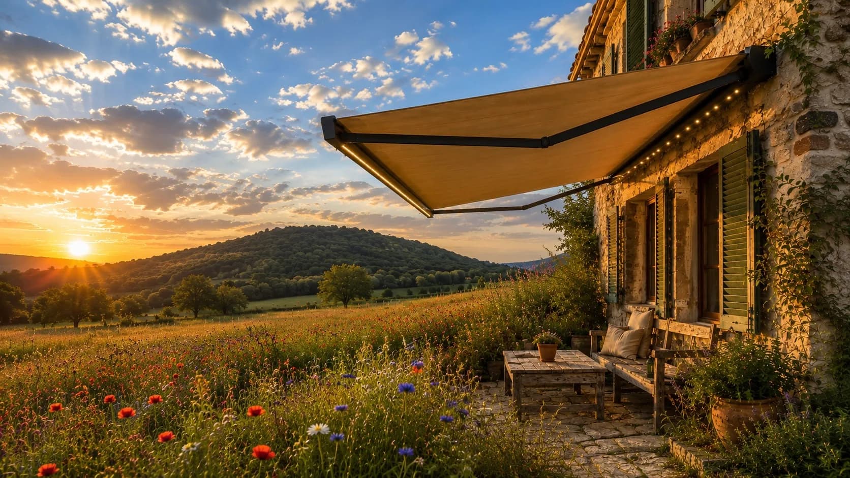 Weit ausgefahrene Gelenkarmmarkise mit LED-Beleuchtung über einer Terrasse im Abendlicht mit Blick über blühende Wiesen