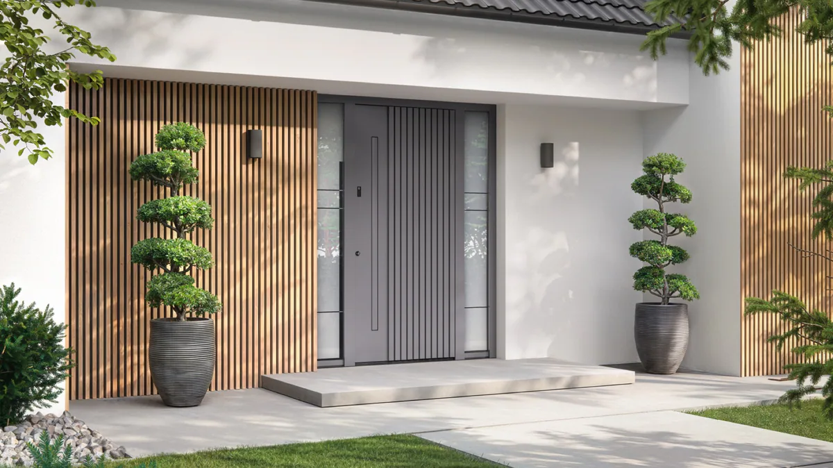 Inotherm Modellbeispiel einer modernen Haustür mit flächenbündigem Griff