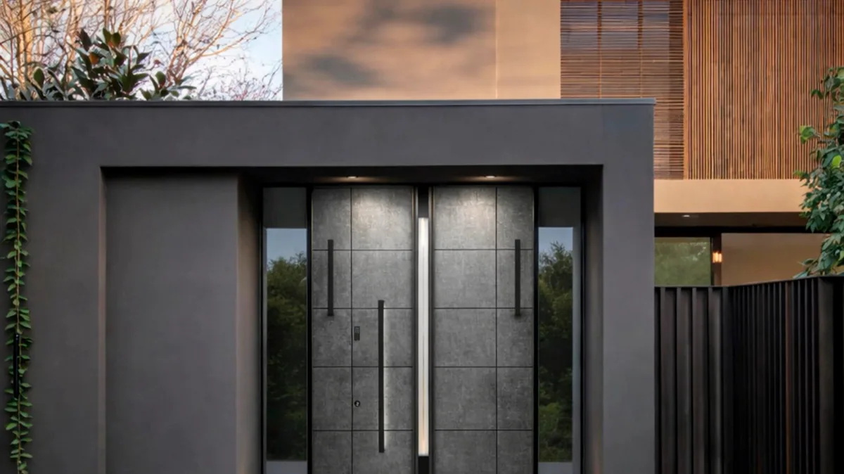 Inotherm Modellbeispiel einer modernen Aluminium-Eingangsanlage mit großzügiger Türgestaltung