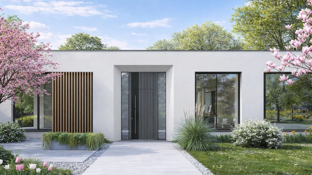 Inotherm Modellbeispiel einer hohen Eingangsanlage mit seitlicher Verglasung