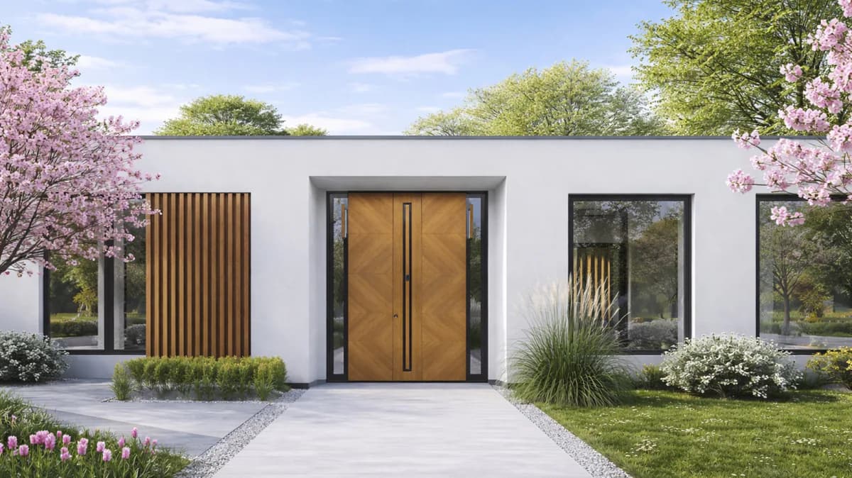Inotherm Modellbeispiel einer Aluminium-Haustür in Holzoptik an einer hellen Fassade