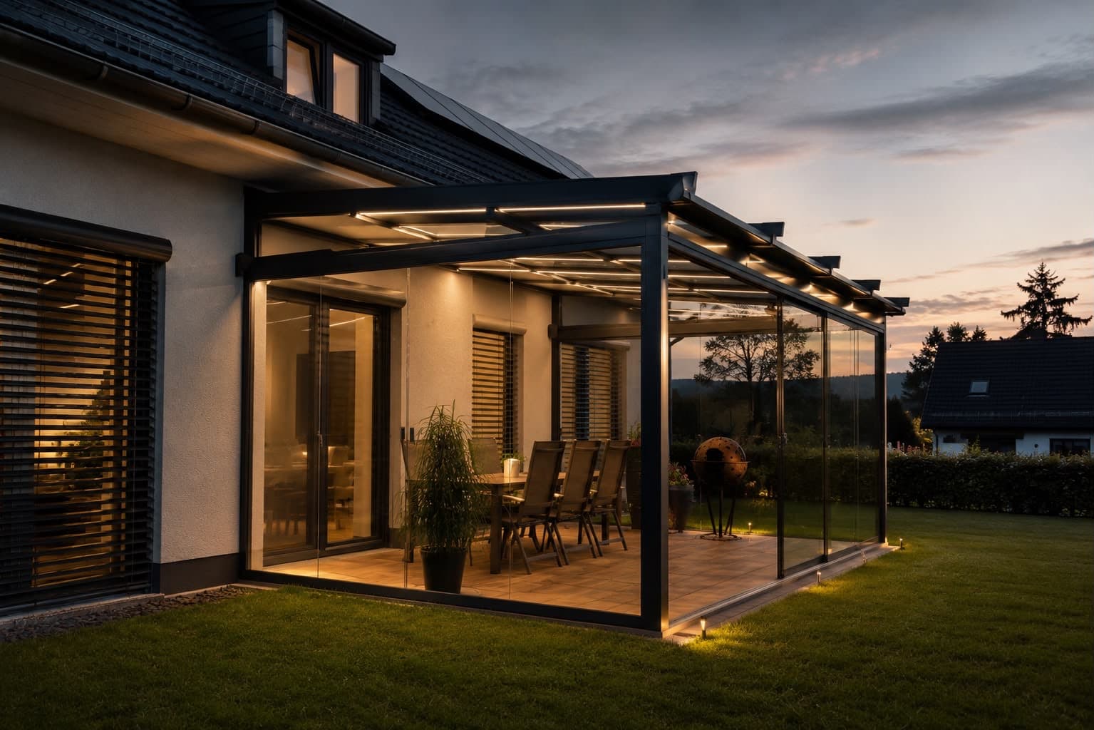 Beleuchtetes Aluminium-Terrassendach mit Glasschiebewänden am Abend