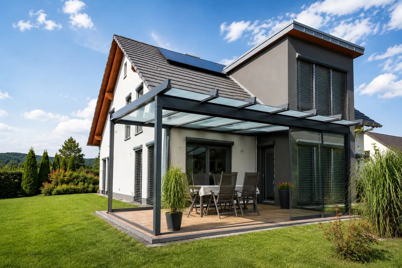 Anthrazitfarbenes Aluminium-Terrassendach mit Glasdach und Glasschiebewänden an einem modernen Wohnhaus