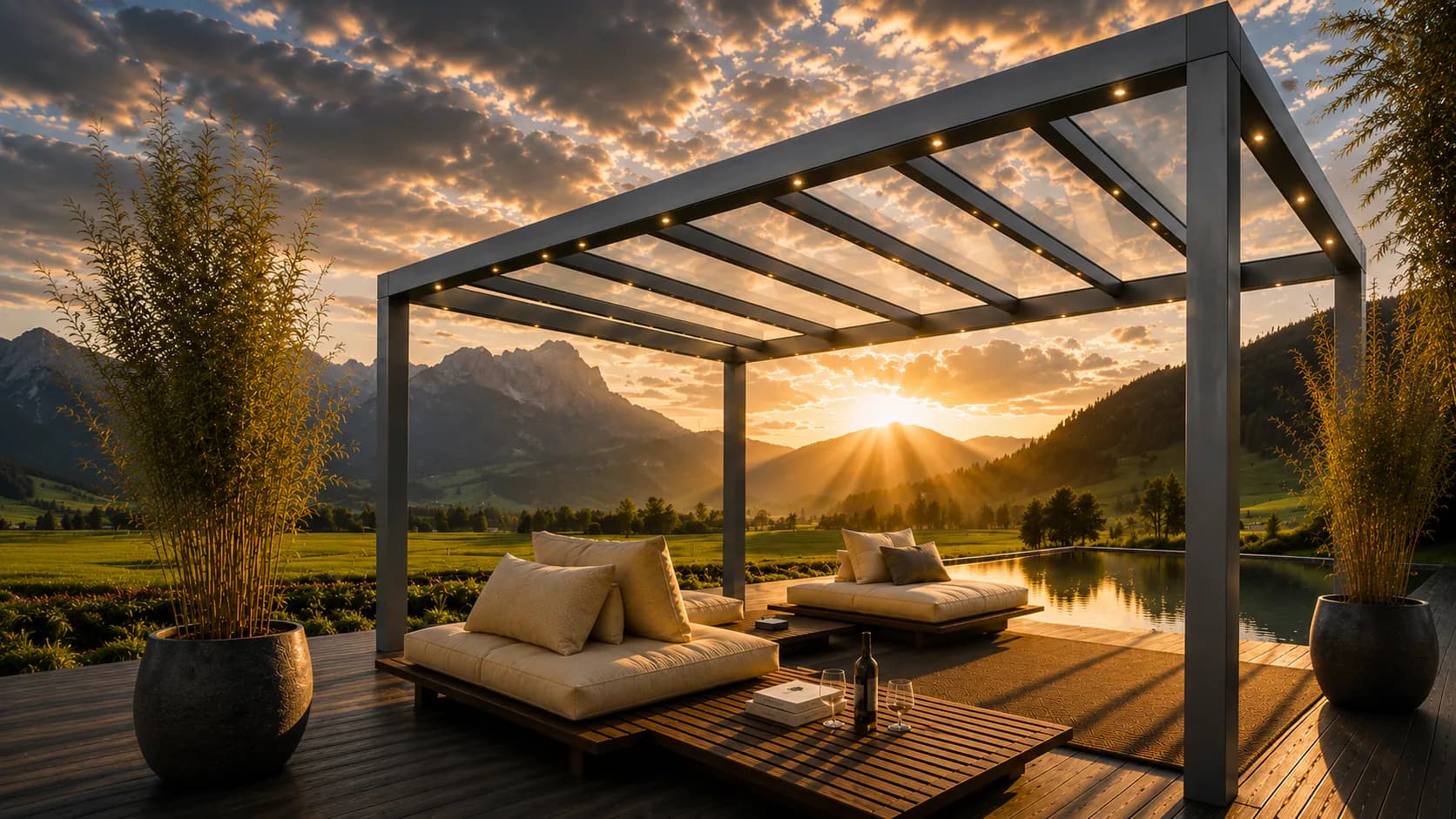 Modernes Aluminium-Terrassendach mit Glasdach und LED-Beleuchtung über einer Lounge mit Bergpanorama im Abendlicht