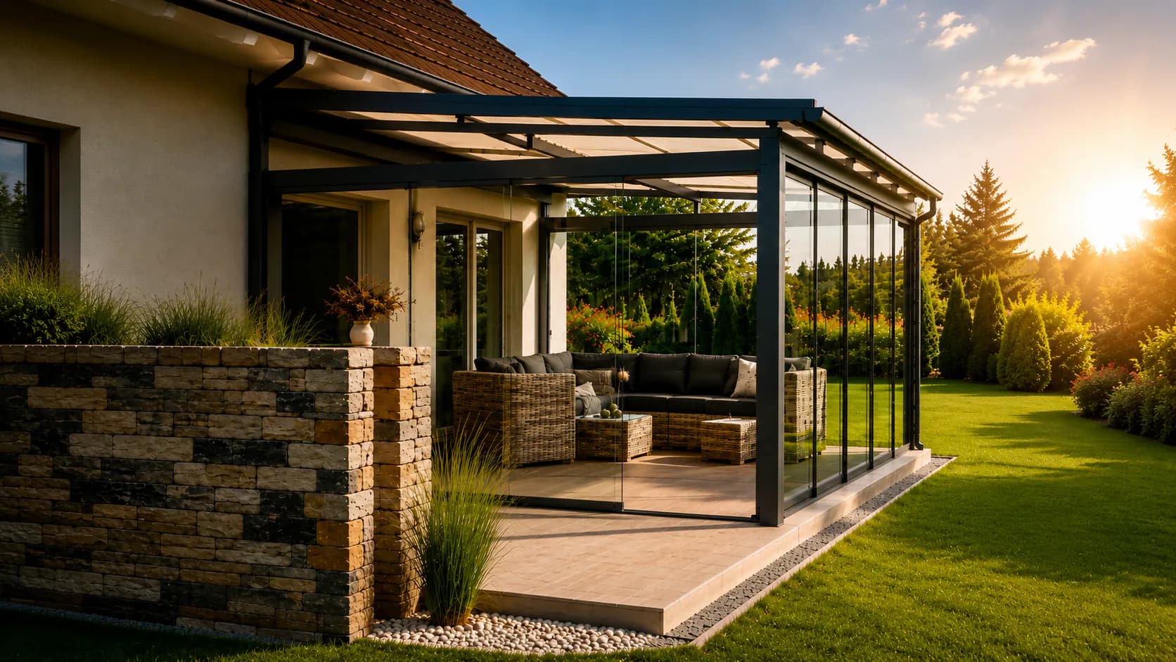 Aluminium-Terrassendach mit Glasschiebewänden und Sitzgruppe im Abendlicht
